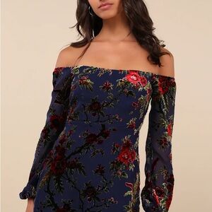 Lulus Magnificent Charm Navy Velvet Off-the-Shoulder Mini Dress - Large